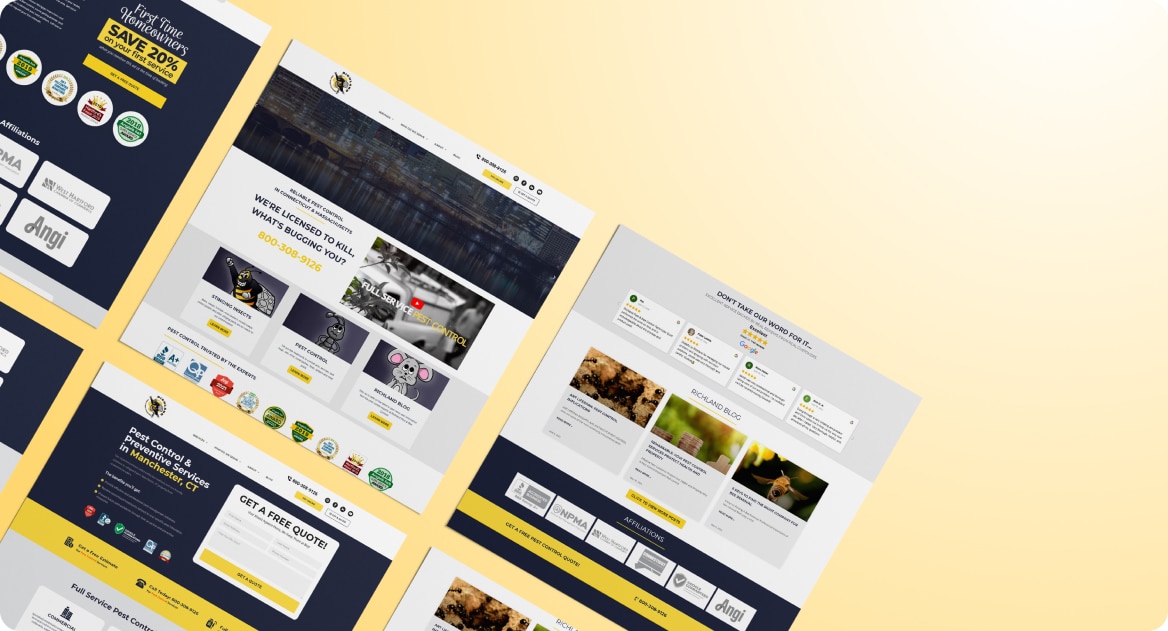 Several angled website homepage screenshots displayed against a gradient yellow background.