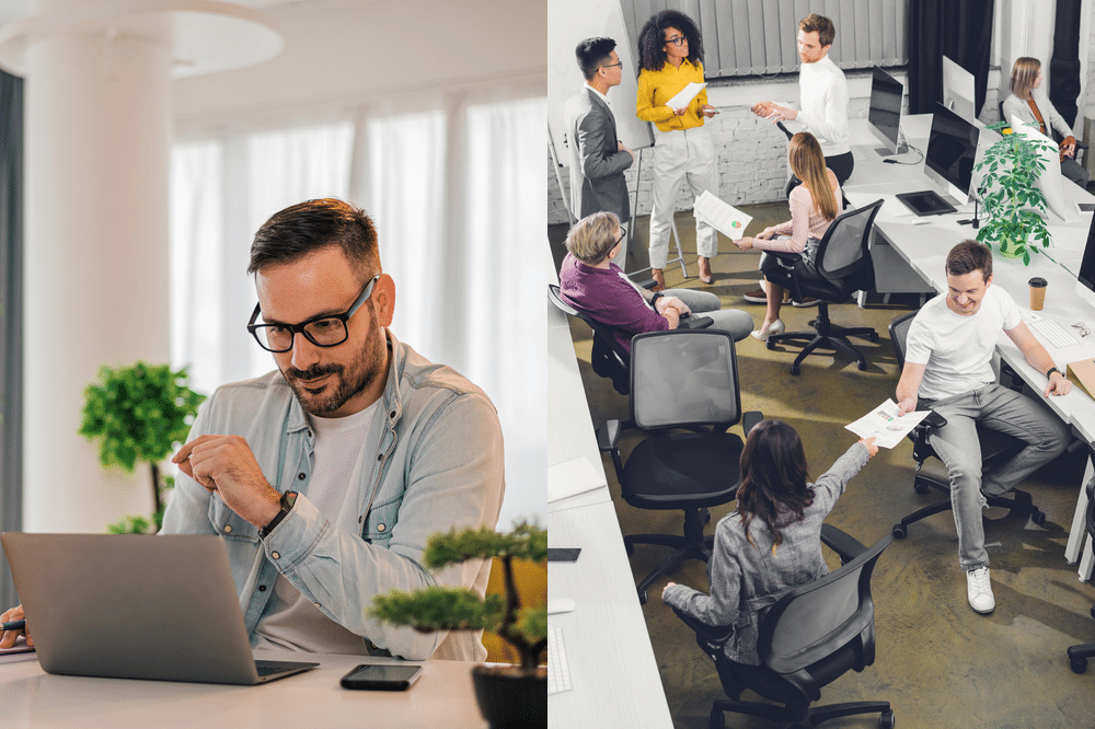 Split image showing a man working alone at a laptop on the left and a busy office environment with people collaborating on the right.