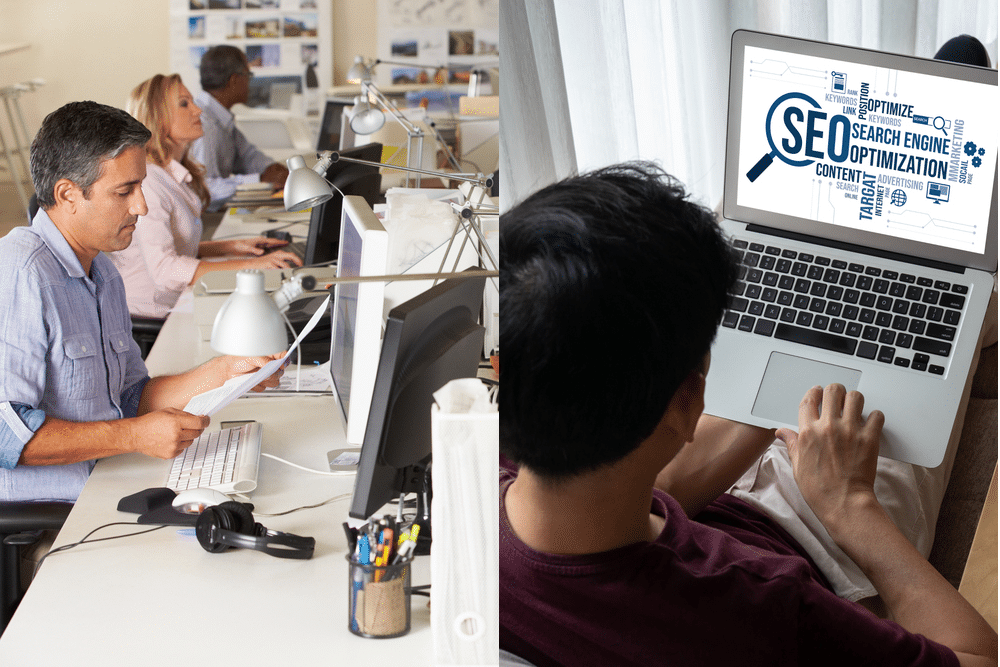 Two scenes: On the left, people work at desktop computers in an office; on the right, a person uses a laptop displaying an SEO graphic.