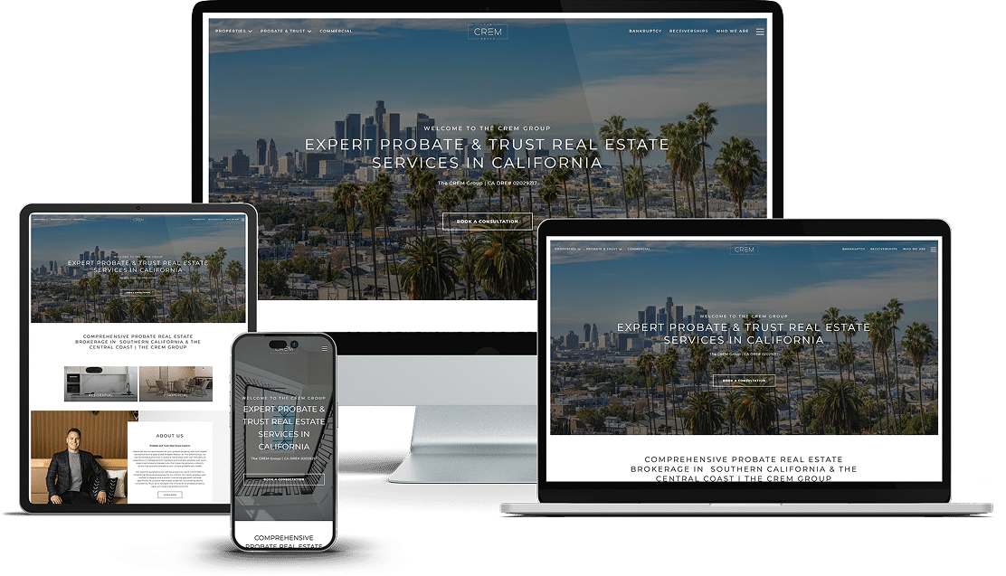 A real estate website with a cityscape background is displayed on a desktop, laptop, tablet, and smartphone, showing its responsive design across devices.