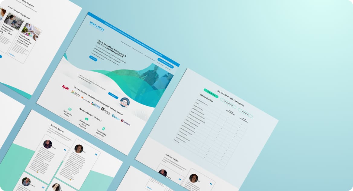 A digital mockup of a website shows multiple pages, including user profiles, a data table, and a homepage with a blue and teal color scheme.