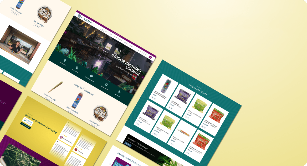A tilted view of several colorful website pages featuring products, text, and images arranged in a grid on a light yellow background.