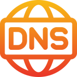 Icon of a globe with the letters "DNS" in the center, symbolizing the Domain Name System. The design is in a gradient of orange to red.