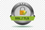 A metallic badge with a padlock icon and a green check mark. A green banner across the center reads "SSL/TLS.