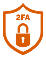 Orange shield with "2FA" text above a padlock symbol, representing two-factor authentication.