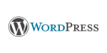 WordPress logo featuring a stylized "W" in a black circle followed by the word "WordPress" in black and blue text.